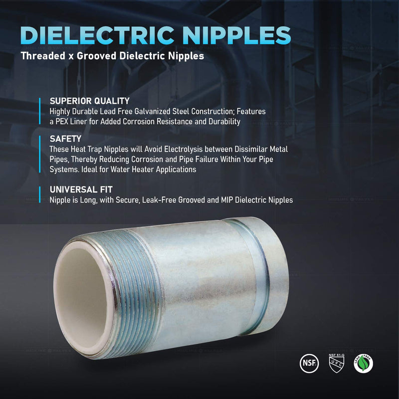 Midline Valve EOUH3060 Dielectric Nipple Pipe Fitting with PEX Lining; 3" MIP x Grooved Connections; 6" Long; Galvanized Steel; Reduces Electrolysis