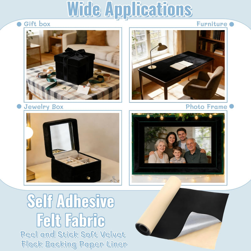 Self Adhesive Felt Fabric, 130''L x 17''W Soft Black Velvet Drawer Liner Roll, DIY Velvet Fabric Peel and Stick Felt Arts Crafts Tape for Jewelry Box, Cup Mats, Picture Frames, Chair Legs