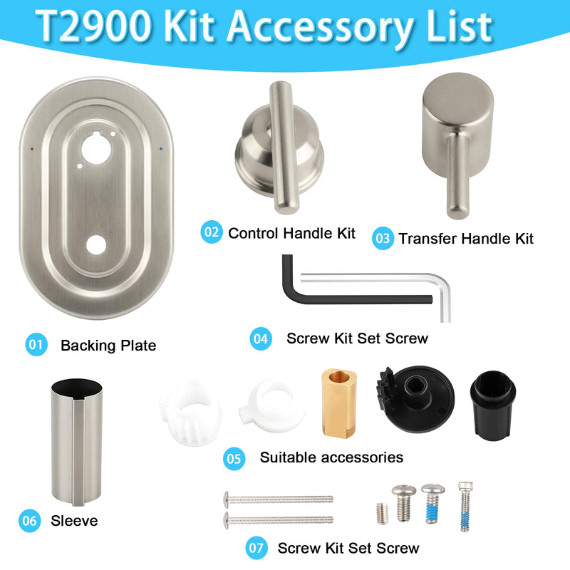 T2900BN Brushed Nickel Shower Handle 3-Function Transfer Valve Shower Trim Kit, Compatible with Moen T2900BN Gibson Posi-Temp Series, Multi-Function Shower Handle (Valve Not Included)