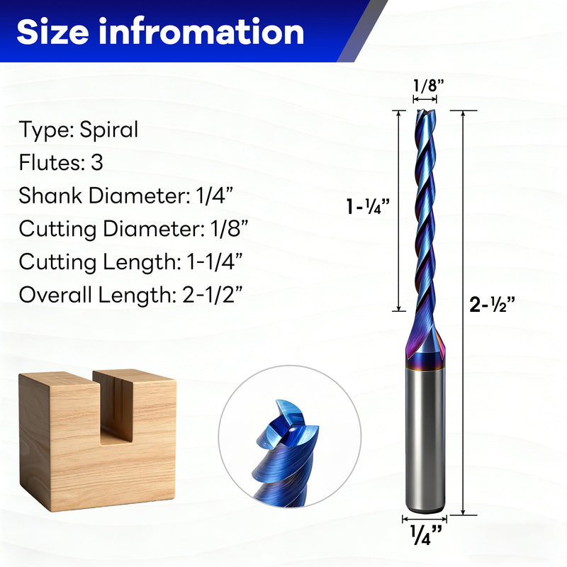 CNC Router Bit 1/8 inch Cutting Dia, 1/4 inch Shank, 3 Flutes Upcut Spiral Router Bit, Solid Carbide End Mill with Nano Blue Coating for Wood PVC Carving Engraving (2 Pack) 2 Pack