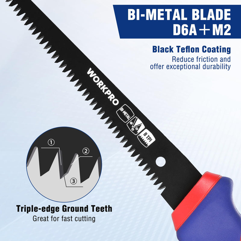 WORKPRO Drywall Saw & 6-inch Jab Saw, Keyhole Saw with Ergonomic Handle,Triple Ground Teeth, Faster Cutting Drywall Cutter, Sheetrock Saw, Wallboard Saw with 8-TPI Bi-metal Blade Blue - NewNest Australia