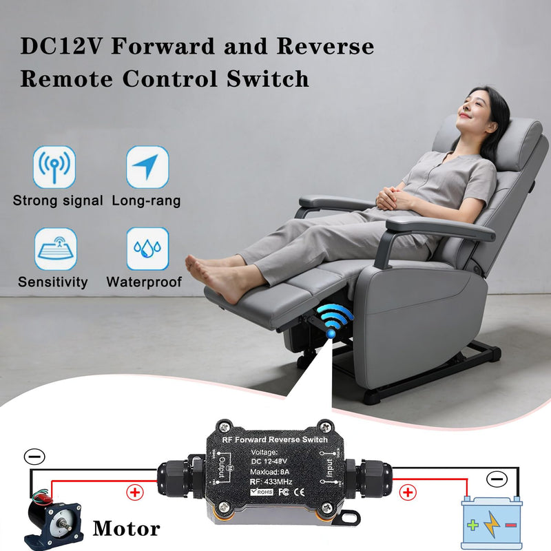 Forward Reverse Remote Control Switch,DC12V-48V-8A Wireless Relay,164FT Range Waterproof Wireless Switch for Linear Actuator,Winch,Motor,Solenoid Contactor DC 12V-48V DC forward and reverse switch