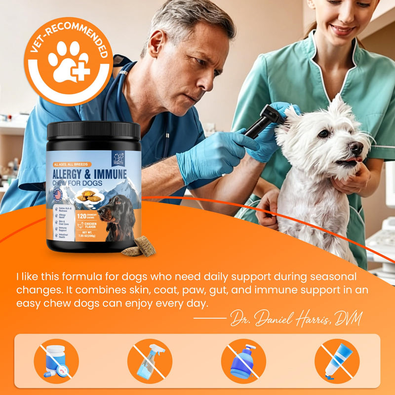 Dog Allergy Chews-120 Crunchy & Creamy Chews, anti-Allergy & Itching Skin Relief Bites Immune Support, with Omega 3 Fish Oil Probiotics for Seasonal All Issues Allergies Made in USA Chicken Flavor 120 counts
