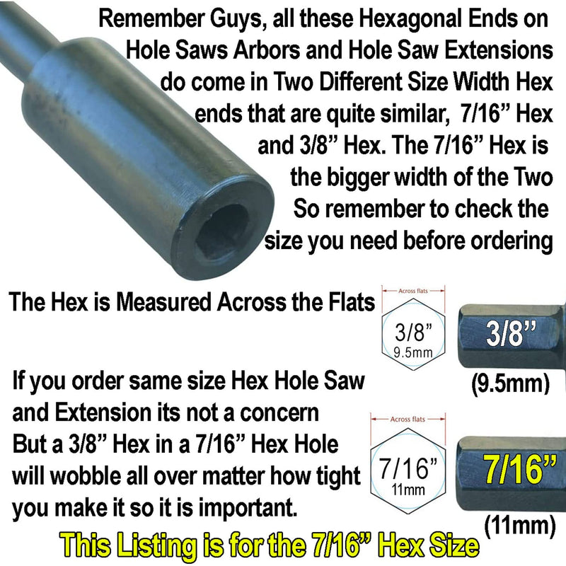 Hole Saw Extension and Arbor Kit 7/16" : 1/2" Hex Arbors X2 and 12" Extension Fits Hole Saws from 5/8 Inch to 10 Inch with Both TCT and Hss Pilot Drill Bits So Drilling Deep Holes in Wood Or Masonry 7/16" Arbor+Extension Kit