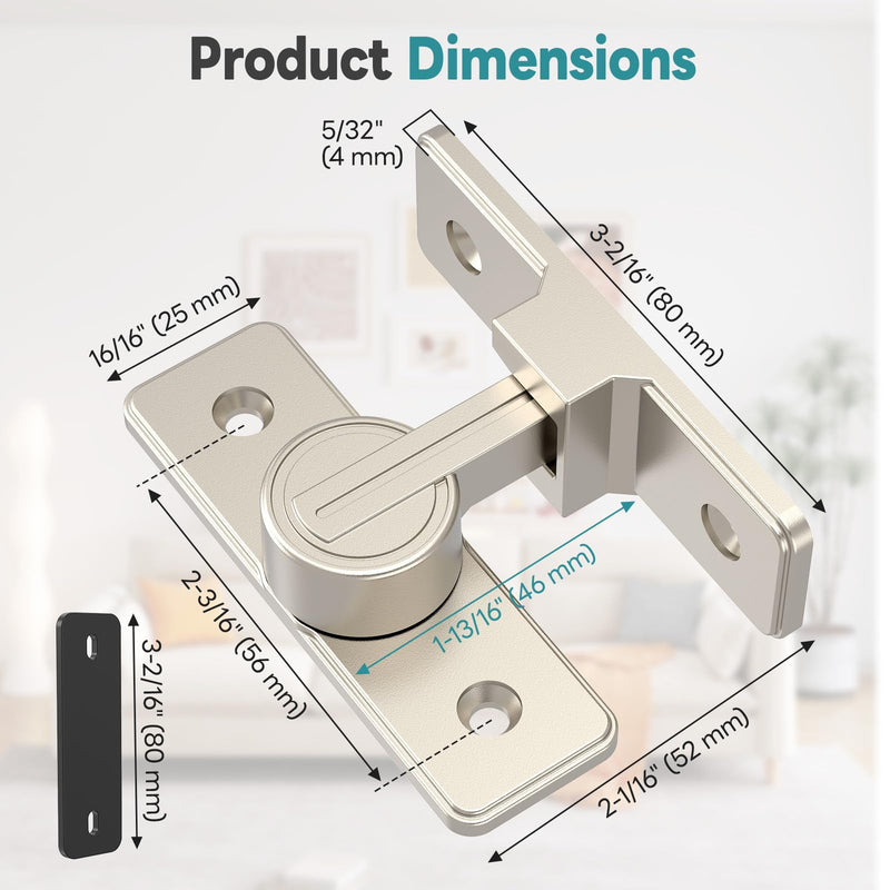 Heavy Duty 90 Degree Barn Door Lock, Zinc Alloy Security Sliding Door Latch for Barn, Garden, Bathroom, Fence, Shed - Anti-Rust and Robust (Nickel-2 Pcs) Nickel-2 Pcs
