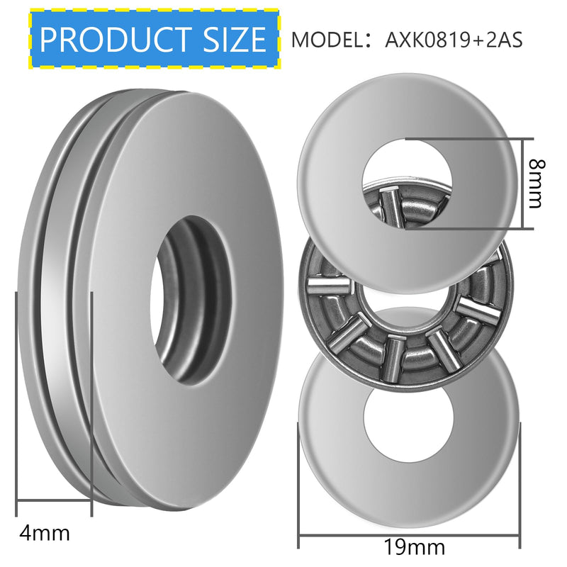 Atoplee Thrust Needle Roller Bearings with Washers,10 Set 8x19mm Thrust Needle Roller Industrial Bearing Each 1pc Cage Needle and 2pcs Washers [AXK0819 with 2AS] AXK0819+2AS 10