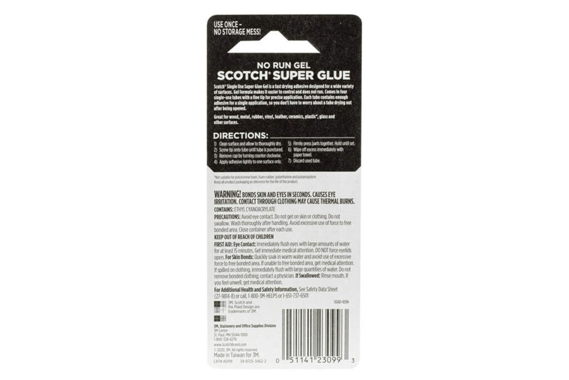 Scotch Super Glue Gel, 4-Pack of Single-Use Tubes, .017 oz each, Fast Drying, No Run Gel Formula (AD119)