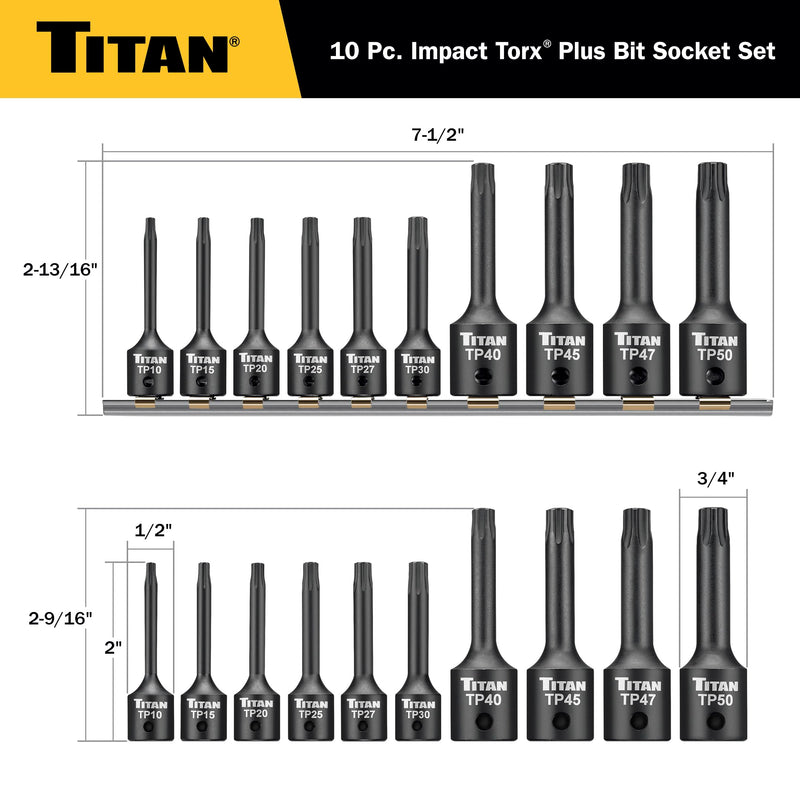 Titan 49008 10-Piece Impact Torx Plus Bit Socket Set, Sizes TP10 thru TP50, S2 and 6150 Alloy Steel, Extra-long Design for Greater Reach and Access, Metal Storage Rail