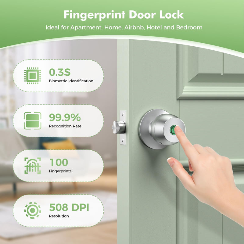 Fingerprint door knob, smart door knob, intelligent biometric fingerprint door lock, keyless entry, controllable via app, suitable for bedrooms, storage rooms, apartments, offices, hotels (silver) Silver