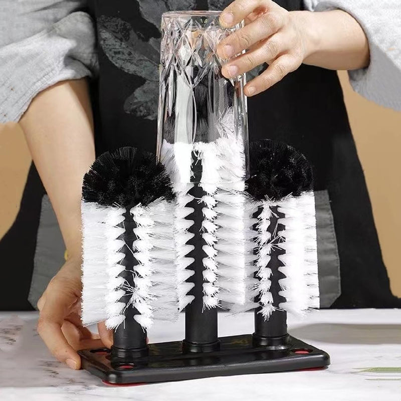 360°Glass cup cleaning brush,Water Bottle Cleaning Glass Washer Cup Sink Washer Brush with Suction Base Bristle Brushfor Sink,3Head Flexible Bristles Double Sided Glass cup cleaning brush(Black+White)