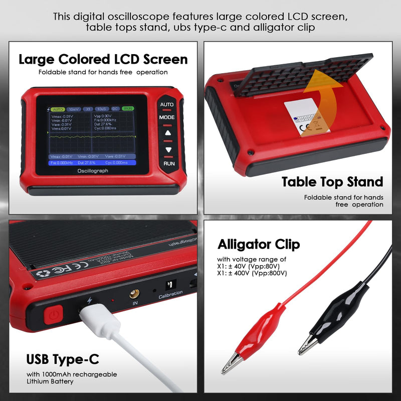 Handheld Digital Oscilloscope 2.8" Portable Automotive Oscilloscope Kit, 10MHz Bandwidth/48MS/s, Auto/Normal/Single Trigger, DDS Signal Generator (14 Waveforms) Mini Oscilloscope