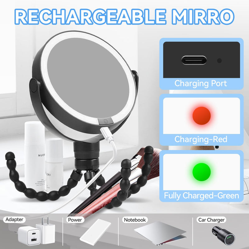 KOOKIN Travel Makeup Mirror with Lights and Magnification 1X/10X, Lighted Makeup Mirror, Rechargeable, 3 Color Lighting, Dimmable, 360° Rotation, Double Sided, Hanging Handheld Mirrors (Black) Black