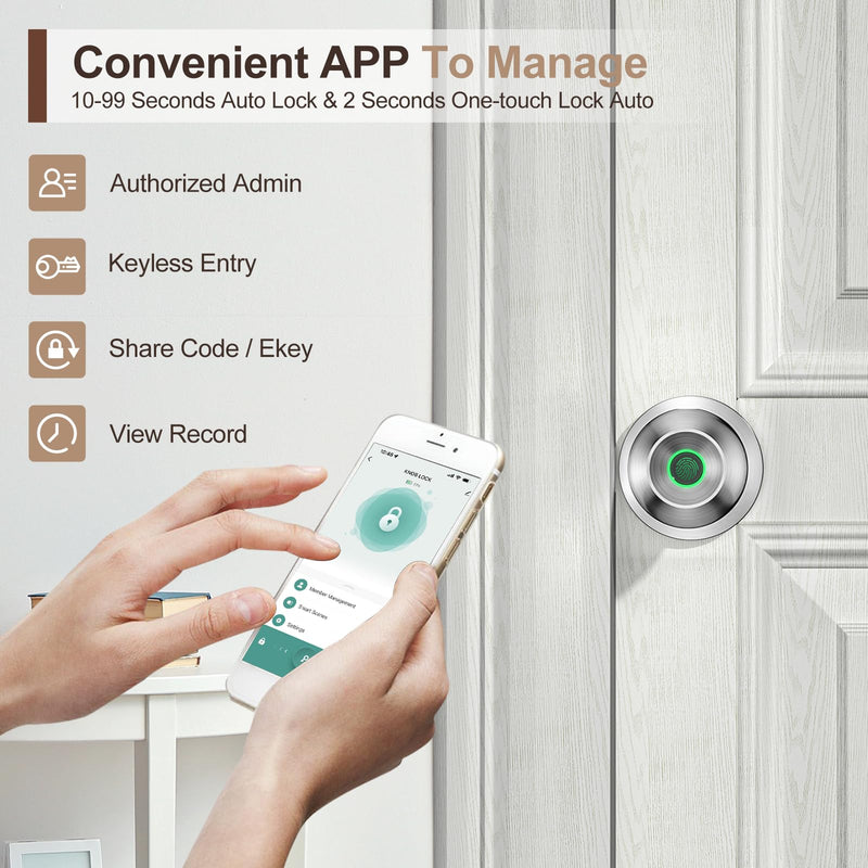 Fingerprint Door Lock，Smart Door Knob, Smart Lock Biometric Door Lock Fingerprint Door knob with App Control Suitable for Bedroom,Utility Room,Apartments Offices,Hotels(Silver) Silver