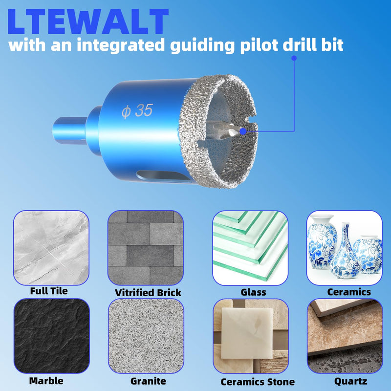 Diamond Hole Saw Kit with Pilot Drill Bit & Carbide Drill Bits - 18/20/25/35mm Hole Saws + 3-6mm Hex Shank Bits for Glass, Ceramic, Marble, Porcelain Tile, Granite, Quartz, Brickwork 1