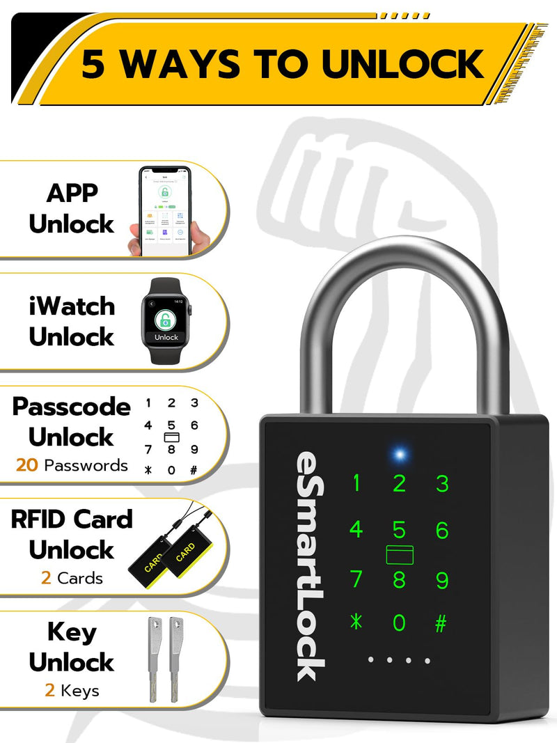 Pothunder Heavy Duty Smart Padlock, Bluetooth Padlock with Code and RFID, Outdoor Padlock with Key, Weatherproof Biometric Digital Lock for Gate, Sheds, Fence, Garage, Locker, Storage Unit