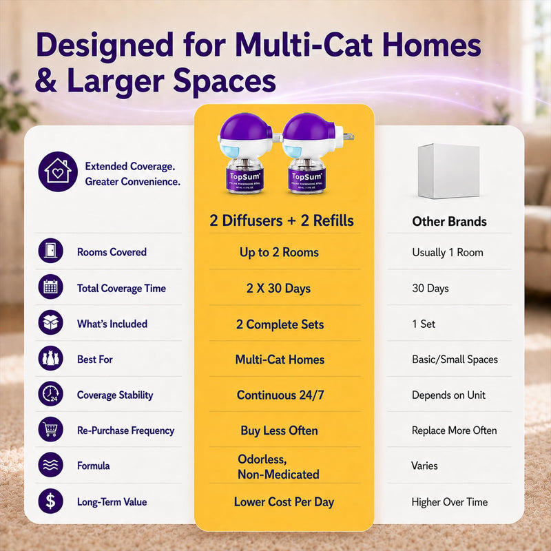 TopSum Cat Calming Pheromone Diffuser: Feline Pheromones Plug in for Stress, Alone At Home, Spraying, Fighting, Scratching, Aggression & Excessive Meowing (Purple– 2 Diffusers+2 Refills) Purple– 2 Diffusers+2 Refills