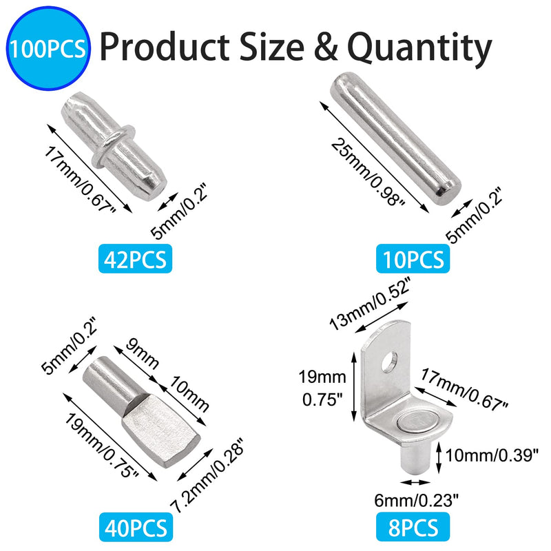 100PCS 4 Styles Shelf Pins Kit - Nickel Plated Shelf Bracket Pegs & Shelf Support Pins,Dowel Pin and Shelf Holders for Shelves Cabinet Furniture Closet etc