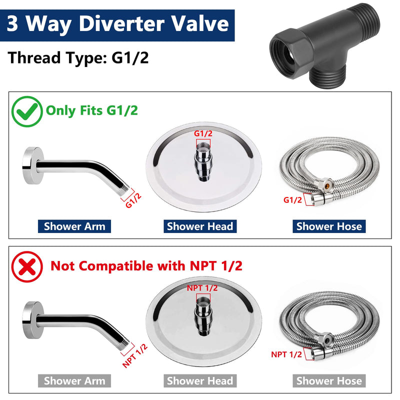 NearMoon Solid Brass G1/2" 3 Way Diverter Valve - Hose Fitting Tee, T Shape Adapter Connector for Angle Valve Hose, Bath Shower Arm, and Toilet Bidet Sprayer Faucet (Matte Black) Matte Black