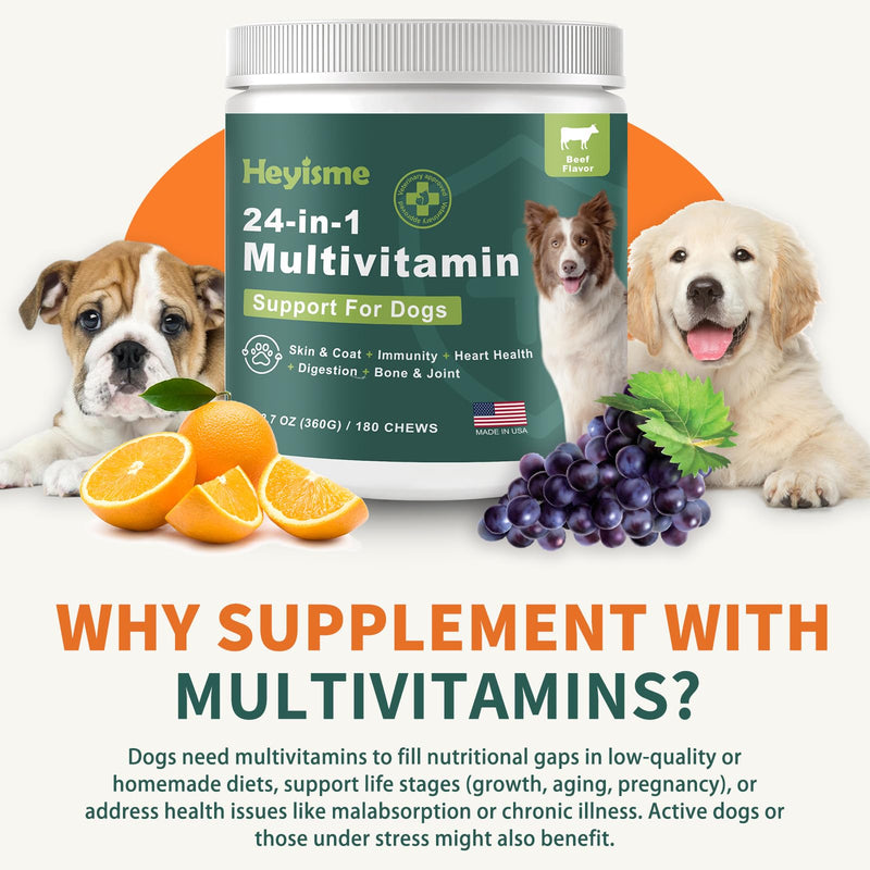 Dog Multivitamin, Glucosamine Chondroitin for Dogs, Dog Vitamins and Supplements, Probiotics, Krill Oil for Hip & Joints, Skin, Coat, Immune Health, Heart, Digestion (180 Chews, Beef) 180 Chews