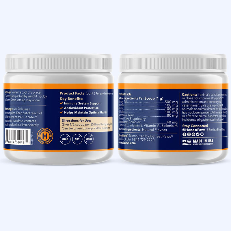 Honest Paws Turkey Tail Mushroom for Dogs - Digestive and Immune Support - Shiitake, Reishi, Maitake Mushroom Supplement Powder for Dogs - No Filler, No Additives - (30 Scoops) (Pack of 2) 30 Scoops (Pack of 2)