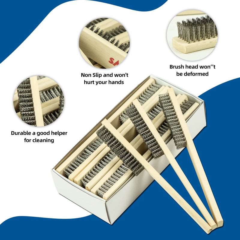 SALI 12pcs Wire Brushes for Cleaning Rust Removal Stainless Steel Bristles with Curved Beechwood Handle Grip for Dirt & Paint Scrubbing Removing Unfinished Metal Parts, Paint Stains Household Clean