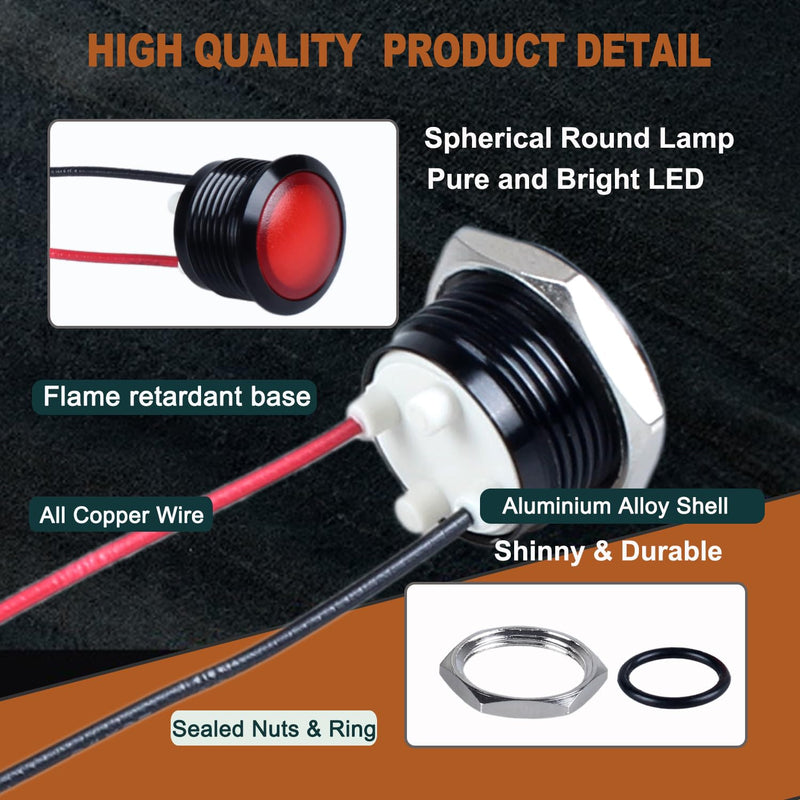 2PCS 16mm Metal Indicator Light, 12-24V AC/DC 20mA Waterproof IP67 Single lamp LED Pilot Lamp Raised Head with Wire for Car Truck Boat(Red LED) Black Anodized Shell Red 12-24V 16mm