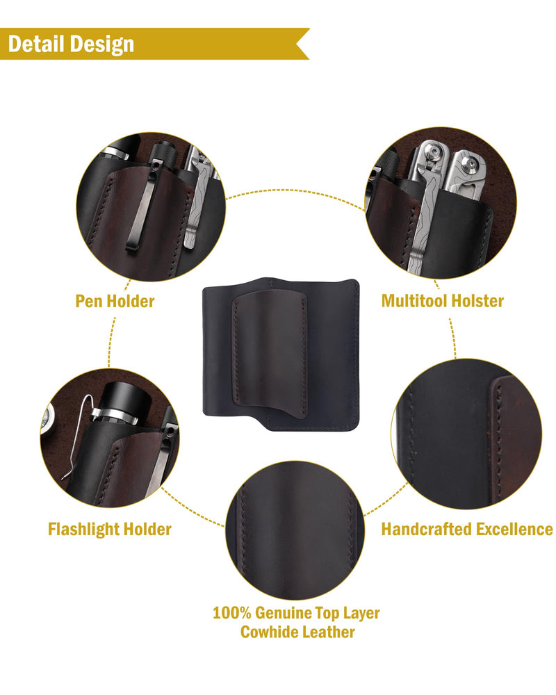 VIPERAED PJ38 Leather Multitool Sheath for Men, 4-in-1 Utility Leather Holster, EDC Pocket Organizer for Pocket Knife Multitool Flashlight and Pen Medium