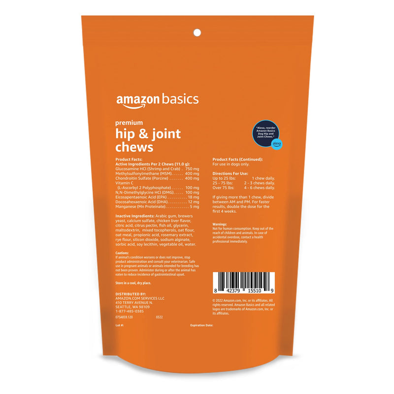 Amazon Basics Premium Dog Hip & Joint Supplement Chews with EPA and DHA, 120 Count (Previously Solimo) 120 Count (Pack of 1)