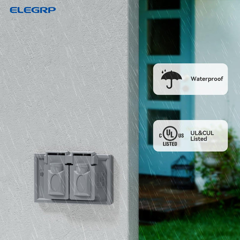 ELEGRP Horizontal Outdoor Cover for Duplex Receptacles, 2-Hole Weatherproof Wall Plate, Outdoor Electrical Outlet Cover, Standard Size 1-Gang 4.55” x 3.02”, Thermoplastic, 1 Pack, Grey Grey-Horizontal (2 Holes)