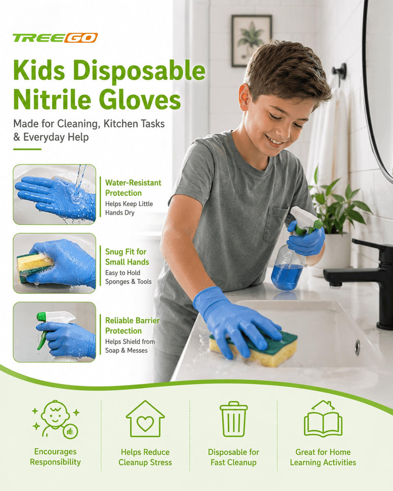 TREEGO Blue Kids Nitrile Gloves, Latex Free, S, 100 Count Blue 100 Small