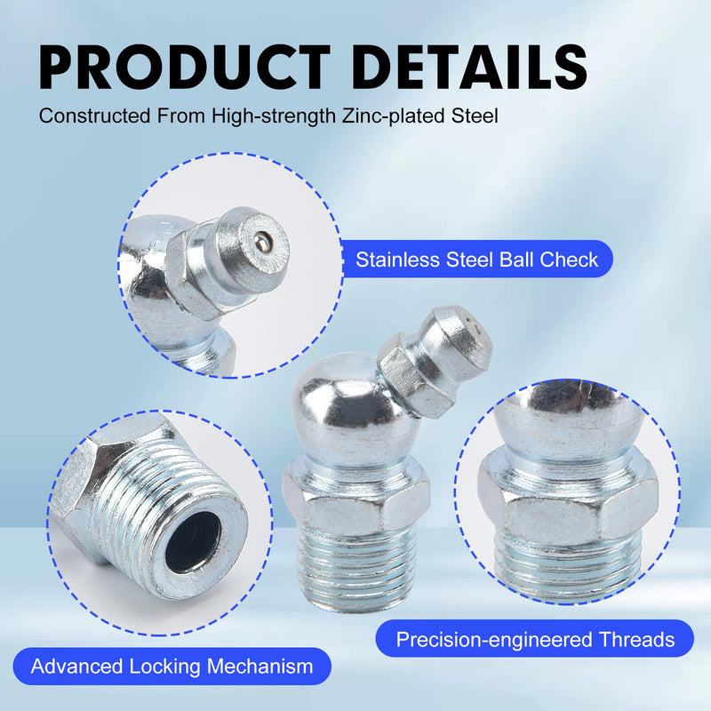 100 PCS SAE & Metric Grease Fittings Kit - Hydraulic Zerk Assortment 1/4" 1/8" M6 M8 M10 with Straight, 45°, and 90° Degree Heads for Automotive and Industrial Use, Galvanized Steel Set 100 PCS KIT