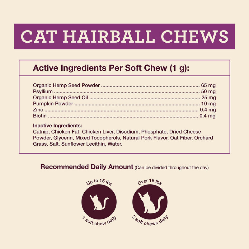 Hemp Well Cat Hairball Soft Chews for Cats, Hairball Control & Digestive Support, Organic Hemp Seed Powder, Pumpkin Seed & Psyllium Fiber, Skin & Coat Support, Chicken Cheese & Catnip Flavor, 60 Ct 2.11 Ounce (Pack of 1)