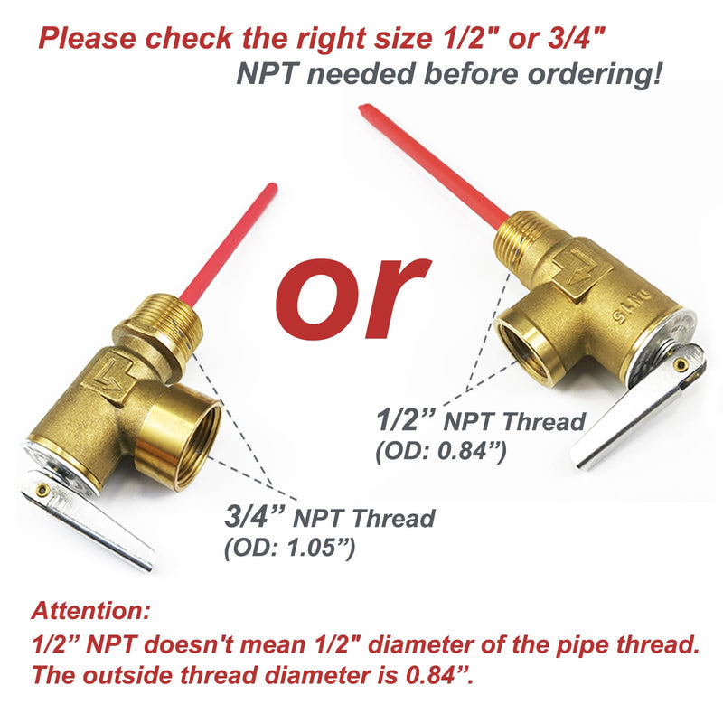 RV Hot Water Heater Temperature and Pressure Relief Valve, 210°F 150psi, Thickened Brass Body with Extended Probe, Safety Relief Valve for Electric Tank Water Heater, 1/2" NPT Thread Connection 1/2" NPT Connection