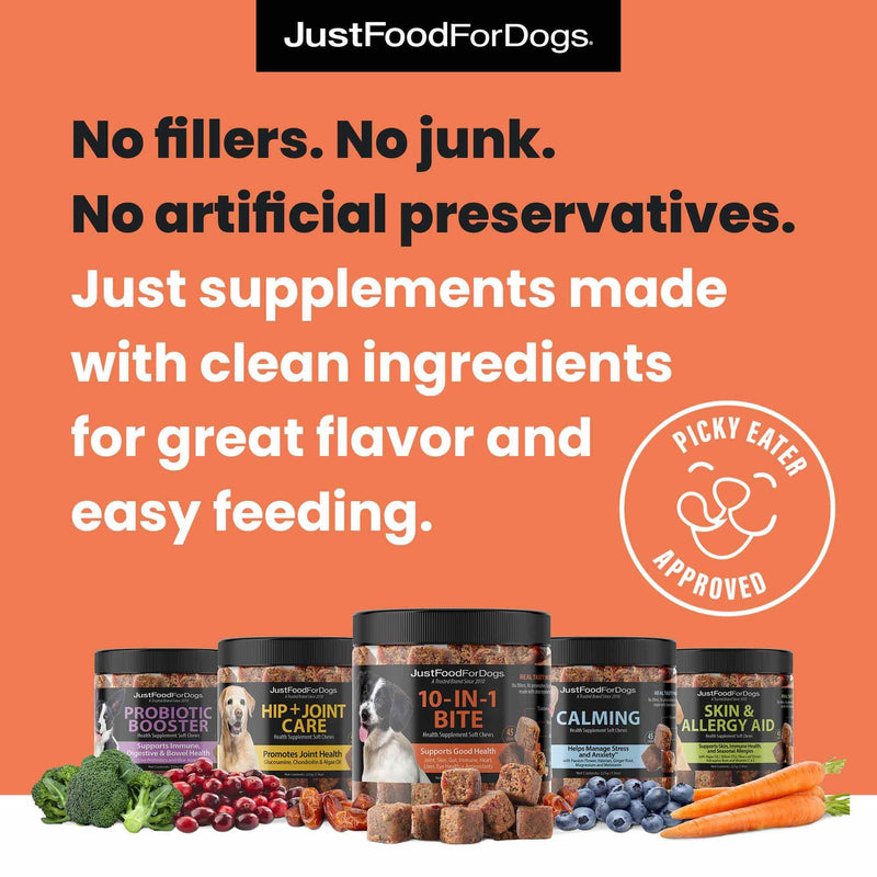 JustFoodForDogs 10-in-1 Supplement for Dogs, Human Grade Dog Supplements, Multivitamin Soft Chews, Immune, Skin and Joint Support, Omega 3 Oil, Superfood Blend, Plant Based Dog Vitamins - 45 Count 10-in-1 Bite