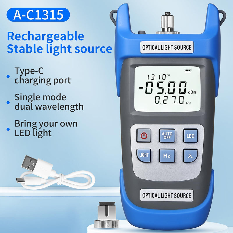 Rechargeable Fiber Optic Light Source A-C1315 Fiber Optic Cable Tester Single-Mode Dual wavelength 1310/1550nm Fiber Optic Power Meter Suitable for SC/FC/ST/LC Interface Equipped with 1 FC-LC Adapter