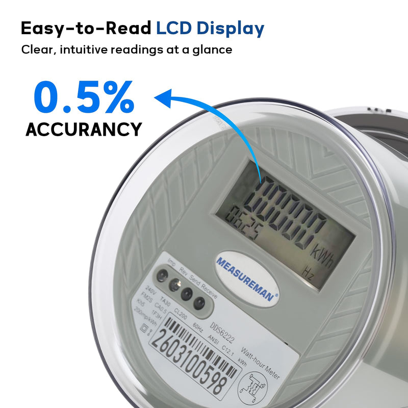 MEASUREMAN Digital Electric Meter 240V 3 Wire KWH Watt Meter for Home, RV & Small Industrial Use – High Precision Energy Usage Monitor, LCD Display, ANSI Standard, IP65 Weatherproof, Easy Installation