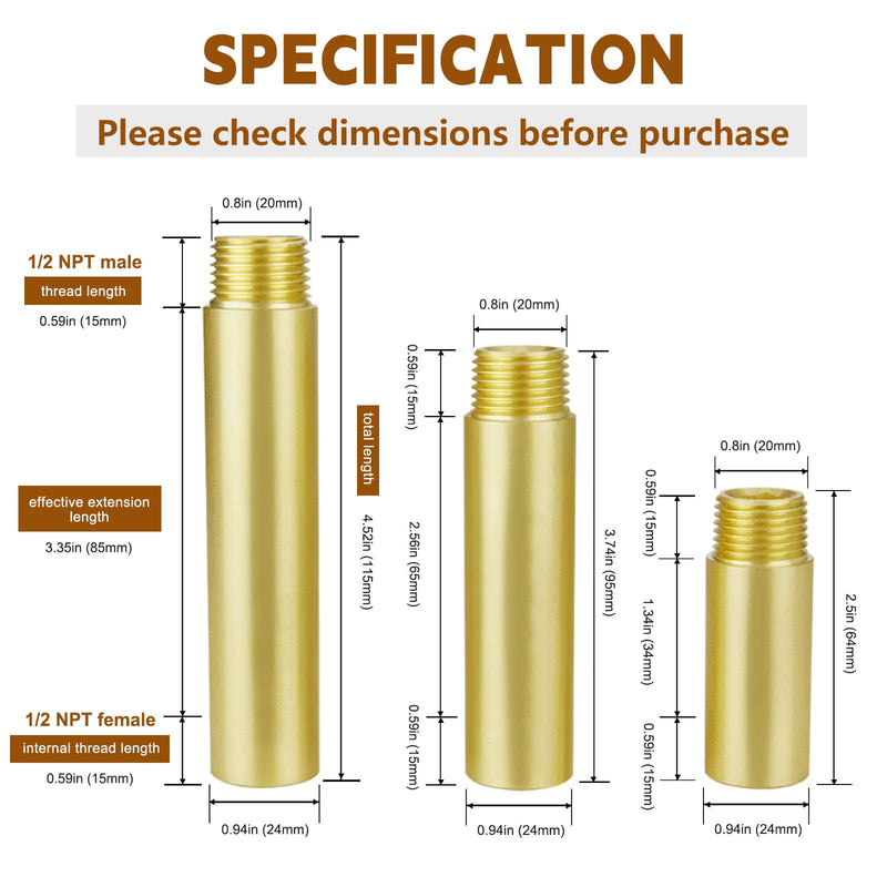 2", 3", 4" Length Brass Pipe Extender, 1/2" NPT Pipe Fittings Long Nipple Yellow 2",3",4" (6 PCS)