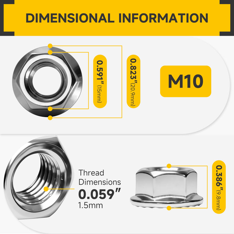 Mywish M10 Serrated Flange Hex Nuts, 100-Pack 304 Stainless Steel, Hex Drive M10-1.5 Hardware Nuts, Bright Finish (Silver) Stainless Steel