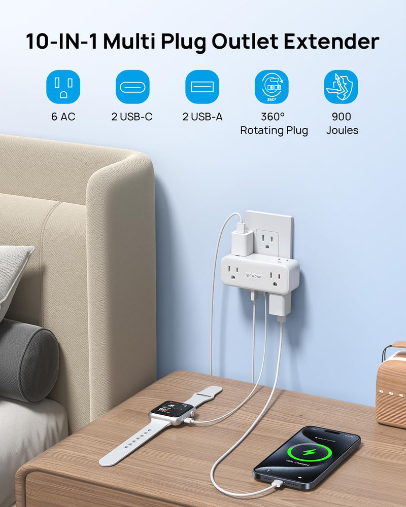 TROND Outlet Extender Surge Protector, 6 AC Outlet Splitter with 360° Rotating Plug, Multi Plug Adapter with PD 20W USB C, 900J, 2 USB-A & 2 USB-C, 3 Way Wall Extension Adapter for Home Office Travel 6A2U2C - PD20W - 1 PACK