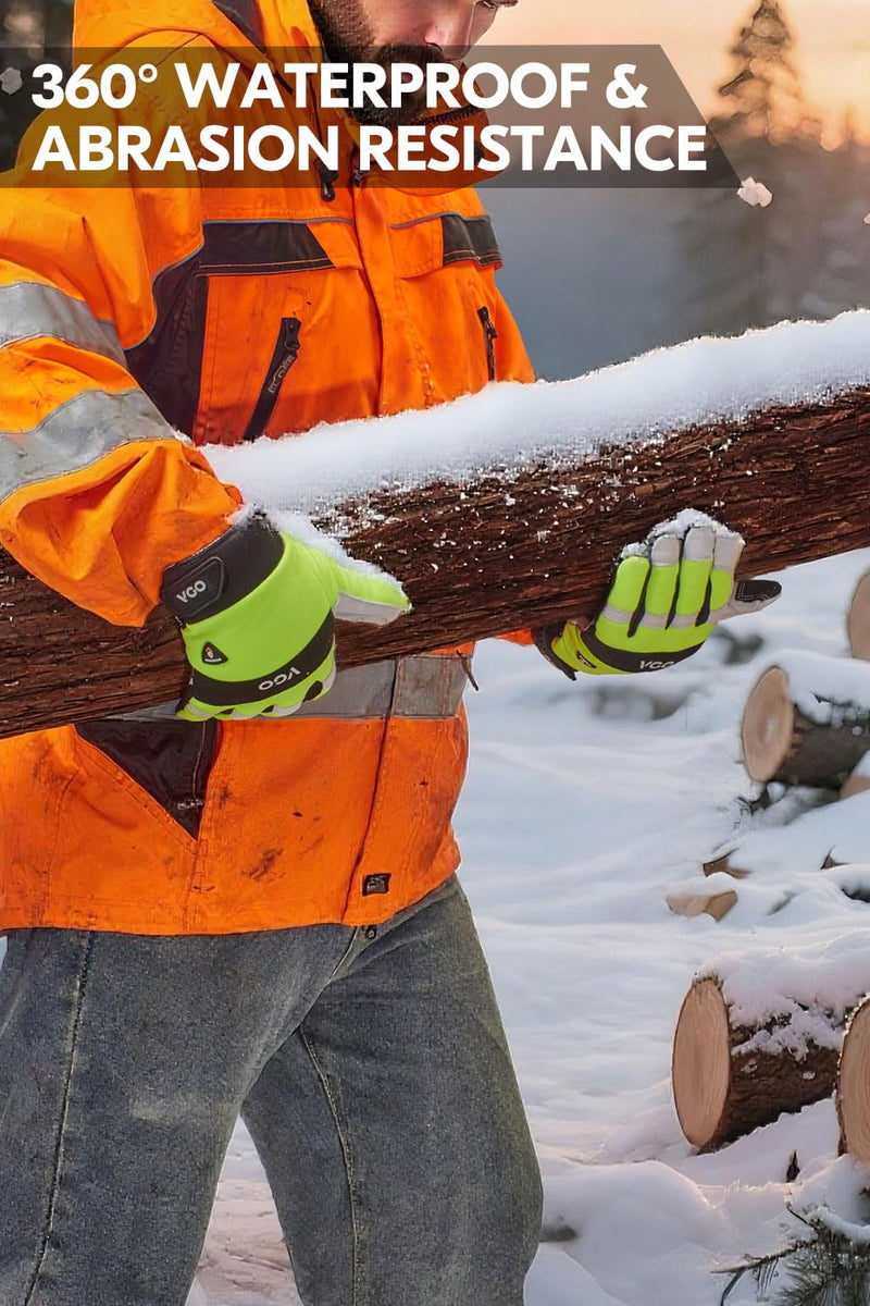 Vgo... Men's Winter Work Gloves,Waterproof,Impact Reducing,Leather Palm,Touchscreen for Construction,Cold Storage,Outdoor Medium Green