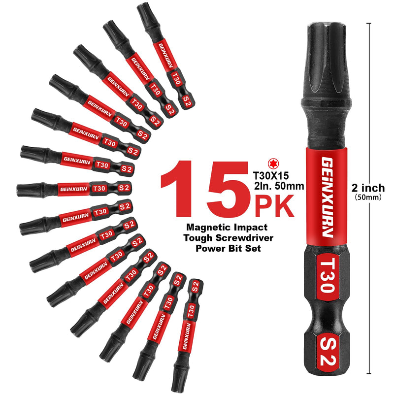 15 Pieces T30 Impact Tough Magnetic Screwdriver Bit Set, 2 In. #30 Torx Head Power Bit Set, S2 Alloy Steel T30 Star Bit Set 2"-15PCS