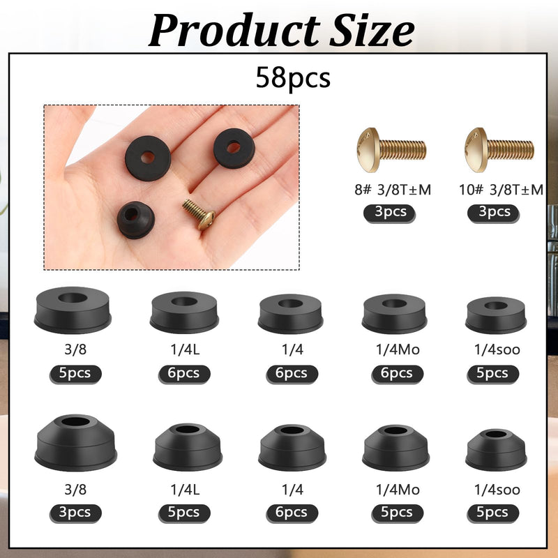 58 Pcs Rubber Washers for Outdoor Faucet Repairing, Assorted Flat and Beveled Faucet Washers Hose Repair Kit with Brass Bib Screws Water Hose Gasket Rings for Garden Faucet Stem Leak Worn Replacement
