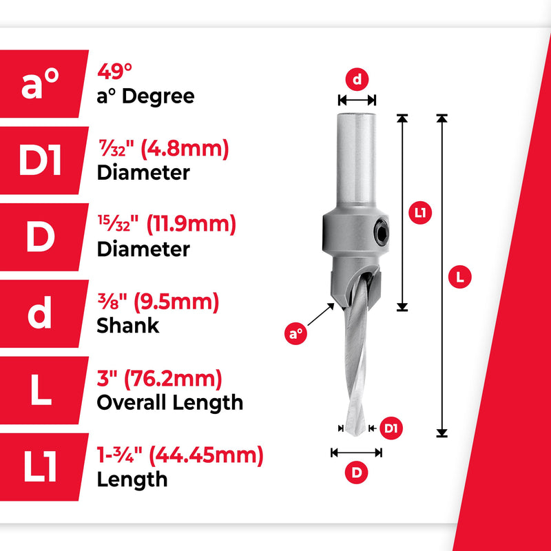 Amana Tool Carbide Tipped Countersink Drill Bit, 55212, 12 Screw, 15/32 Dia x 7/32 Drill Dia x 3/8 Round Shank
