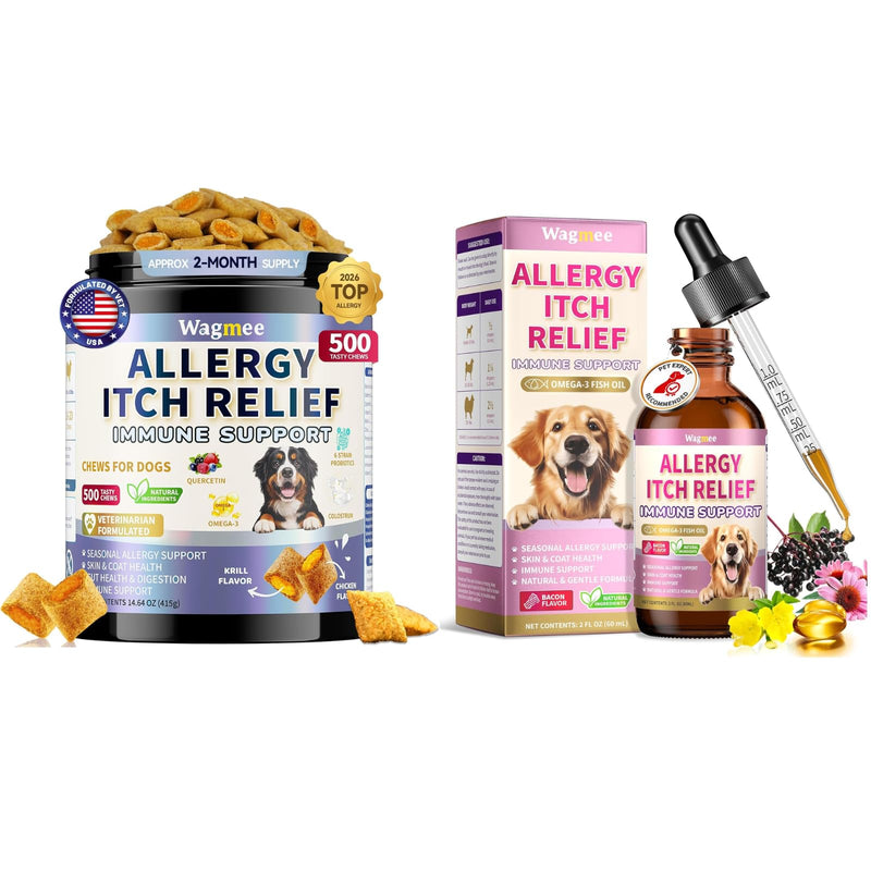 Dog Allergy Relief – 500 Ct Anti-Itch Chews + Natural Allergy Drops for Dogs, Yeast & Itchy Skin Relief, Paw Licking & Ear Support, Skin Coat Immune & Gut Health Supplement