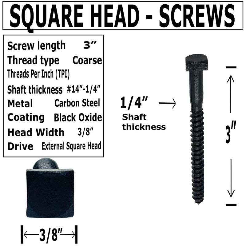 ¼” x 3” - Rustic Square Head Lag Wood Screws – Decorative Antique Black Square Drive Lag Bolts – Black Oxide Coating - ¼ in x 3 in - for Hinges, Cabinets & Doors (50, Screws) 50