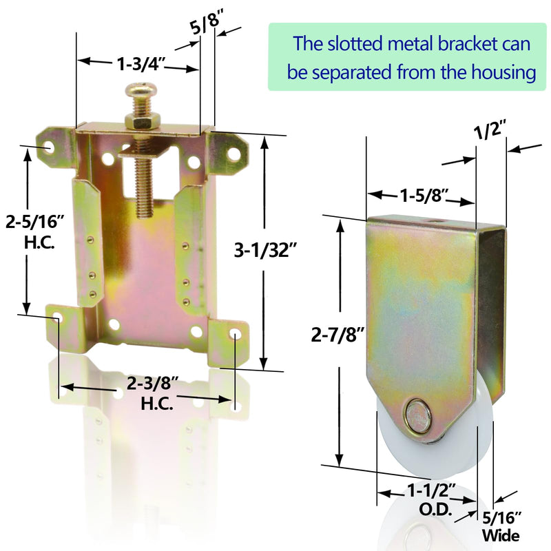 Sliding Mirror Closet Door Rollers Replacement Hardware Fits Contractors Part #W8020C Wardrobe Doors Wheels, 2-5/16" Vertical H.C., 1-1/2" Nylon Concaved Ball Bearing Wheel, 4 Pack ‎2-5/16" H.C.- 4Pack