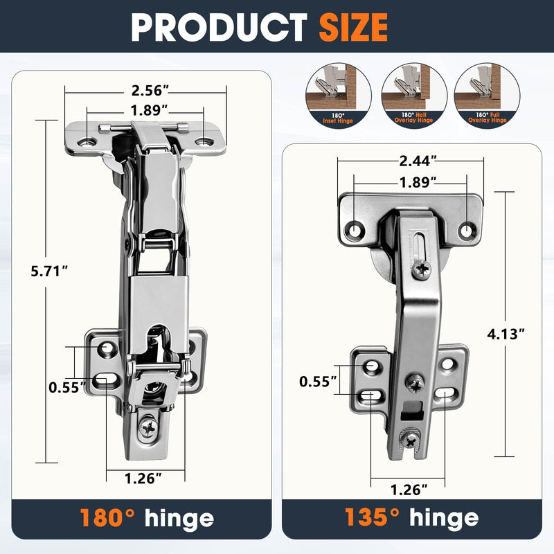 2-Pack 180° & 135° Soft Close Full Overlay Corner Cabinet Hinges Kit for Lazy Susan Bifold Doors, Hydraulic Hinge with Damper for Pie Cut Corner Kitchen Cabinet, 2x180°+2x135° 2