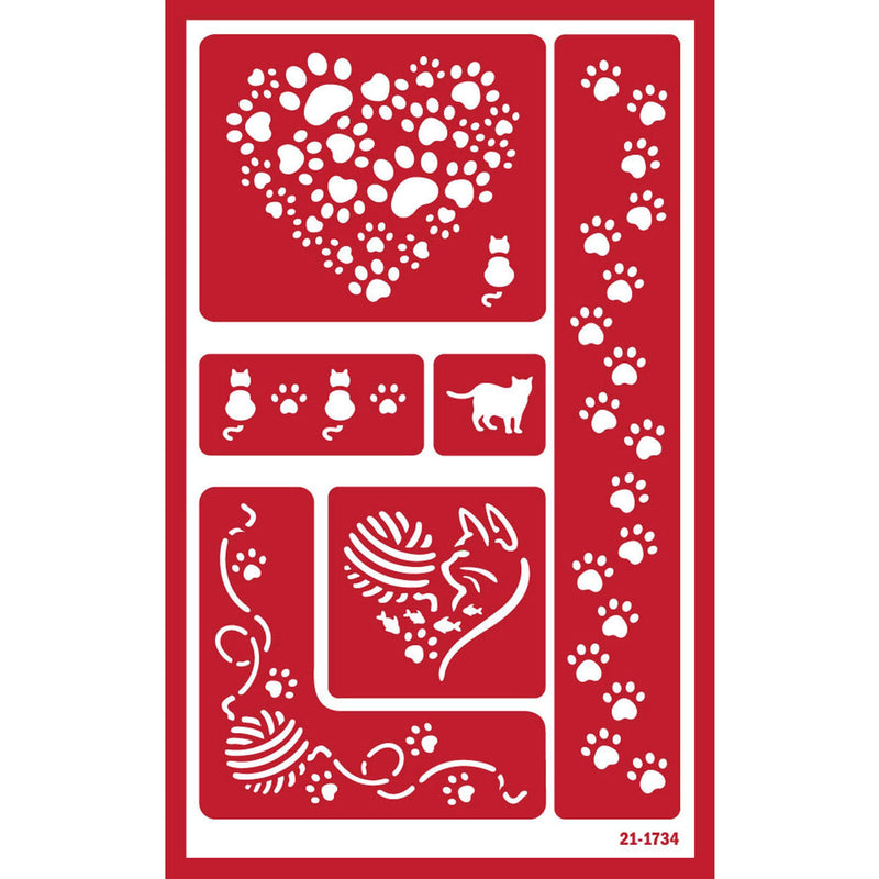 2 Etching Stencils Reusable Template - Kitty Stencils for Painting, Crafting - Kitty Cat Etch Stencil, Puppies, Cat Paw Print Theme - Self Stick Stencil Set with Brush