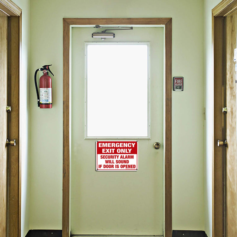 Emergency Exit Only - Security Alarm Will Sound If Door Is Opened Sign, 2 Pack, 10 x 7 inch .40 Rust Free Aluminum, UV Protected, Weather Resistant, Waterproof, Durable Ink, Easy to install Red and White- Aluminum - 2 Pack