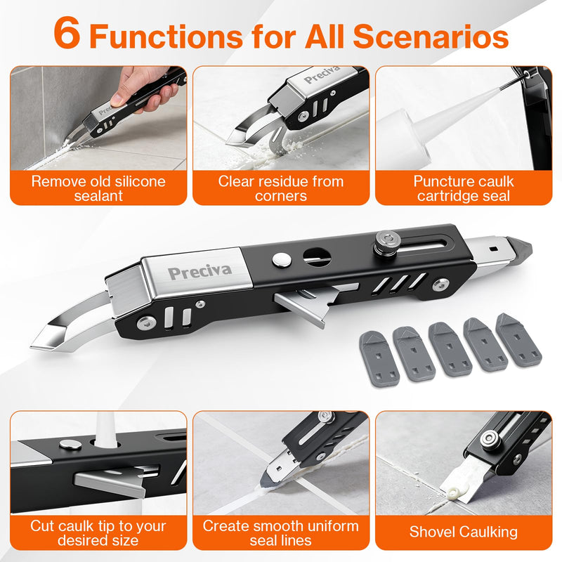 Preciva 6-in-1 Caulking Removal Tool w/ 5 Pads, Spatula